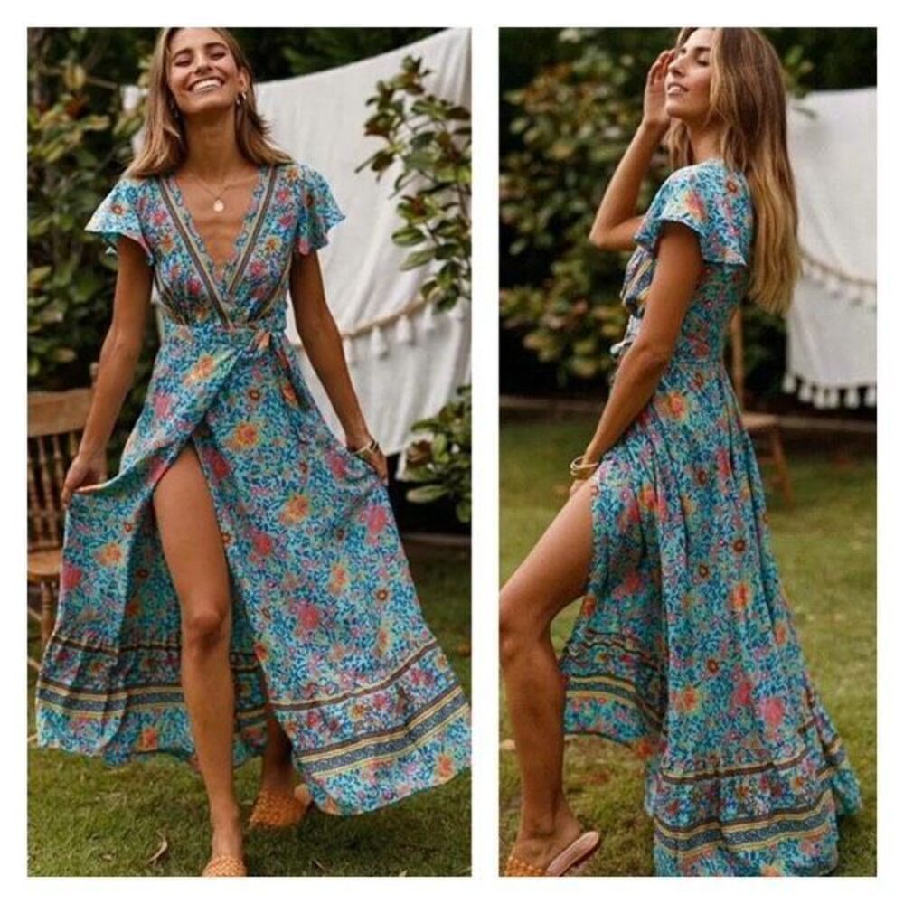 Boutique Short Sleeve Boho Floral Mixed Print Maxi Wrap Dress Boho Blue Small Ru